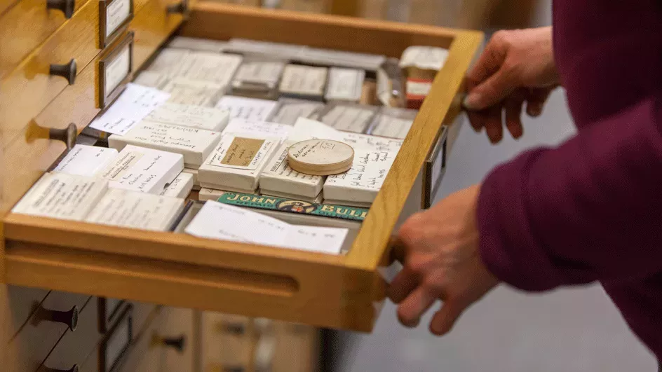 A pair of hands opening a wooden drawer full of various objects