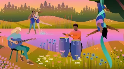 Illustration showing people playing guitar and bongos, dancing in a lake, and performing aerial acrobatics from a tree on a summer evening