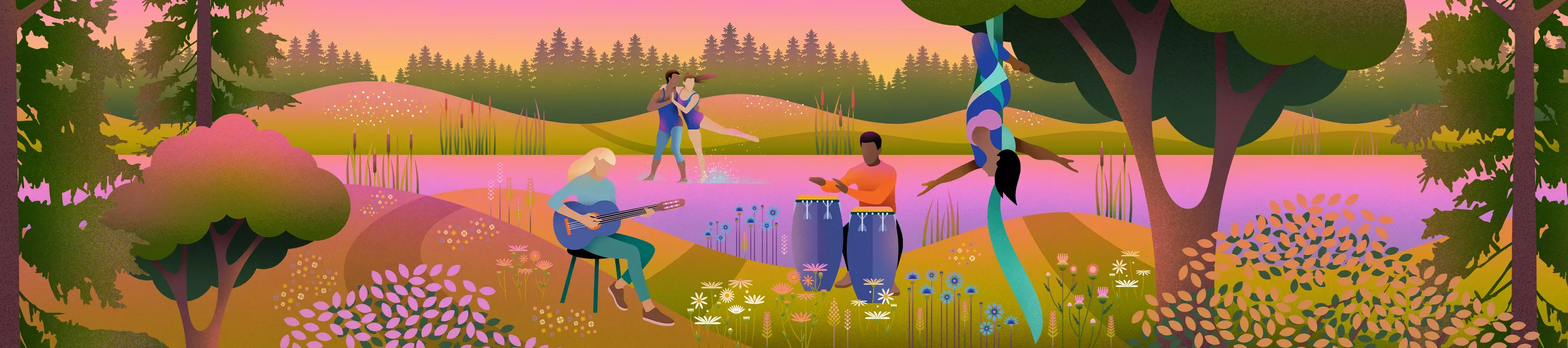 Illustration showing people playing the guitar and bongos, dancing in a lake, and performing aerial acrobatics from a tree on a summer evening