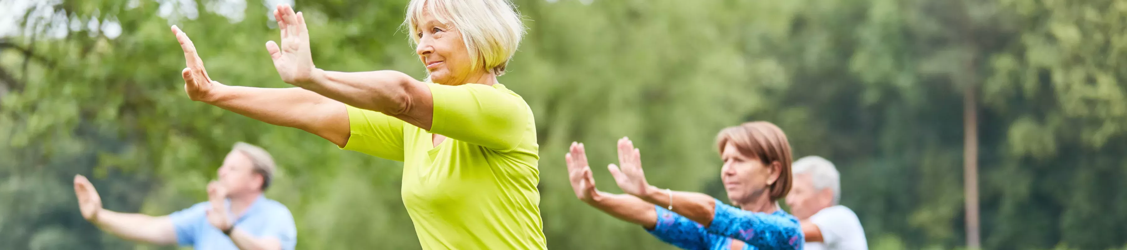 People in a field practicing Tai chi