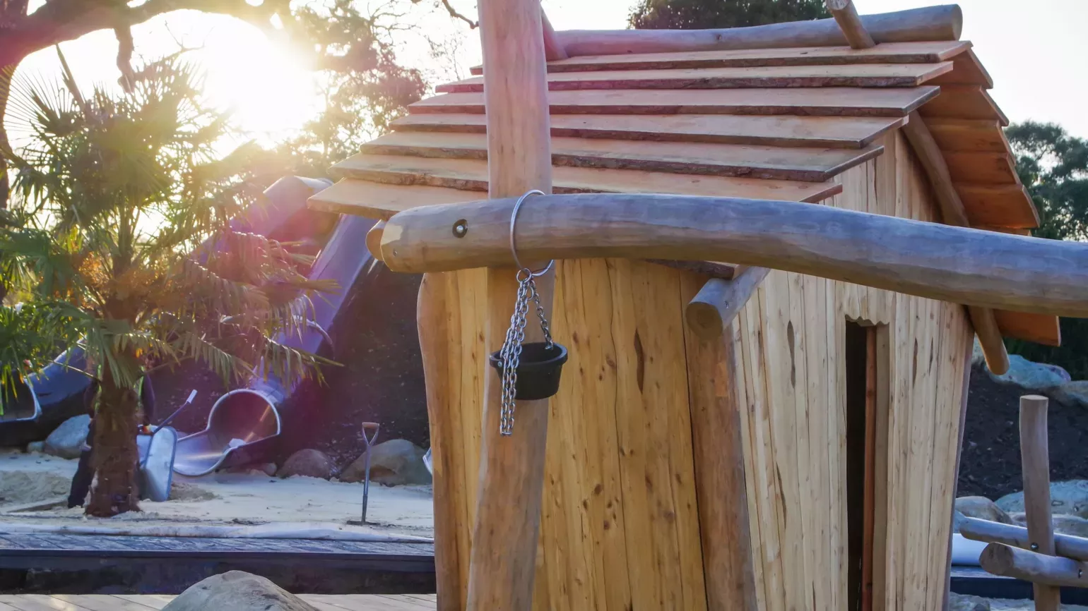 A wooden hut in the 'fishing village' in the Earth section of the Children's Garden