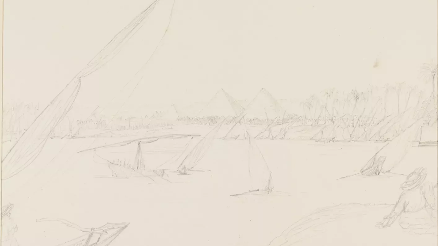 Pencil sketch of the Pyramids by JD Hooker, from the Cairo side of the Nile.