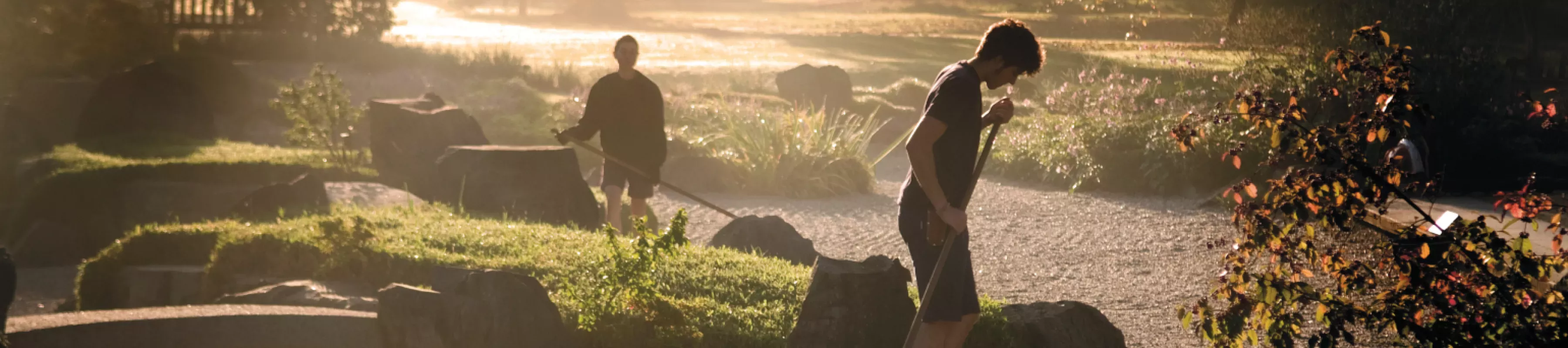 Horticulturists raking the gravel in the Japanese Landscape at Kew