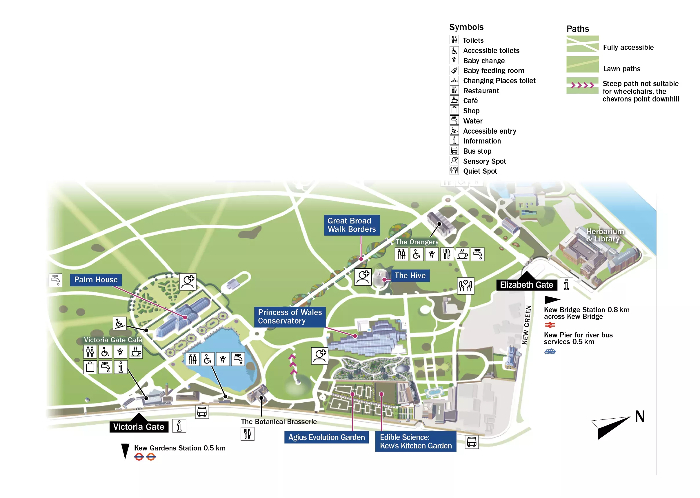 Graphic of Kew Gardens with signs to various amenities