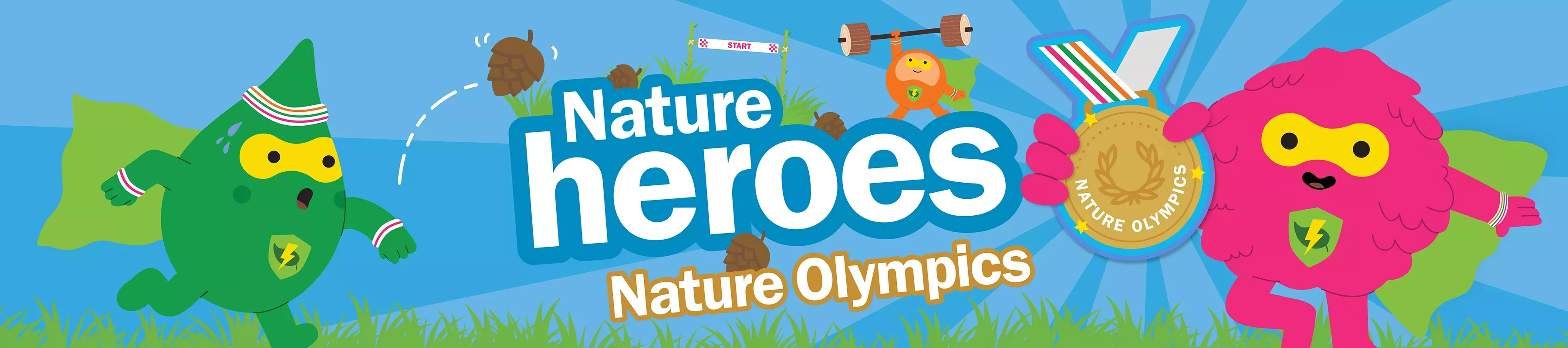 Colourful cartoon characters with text: Nature heroes - Nature Olympics