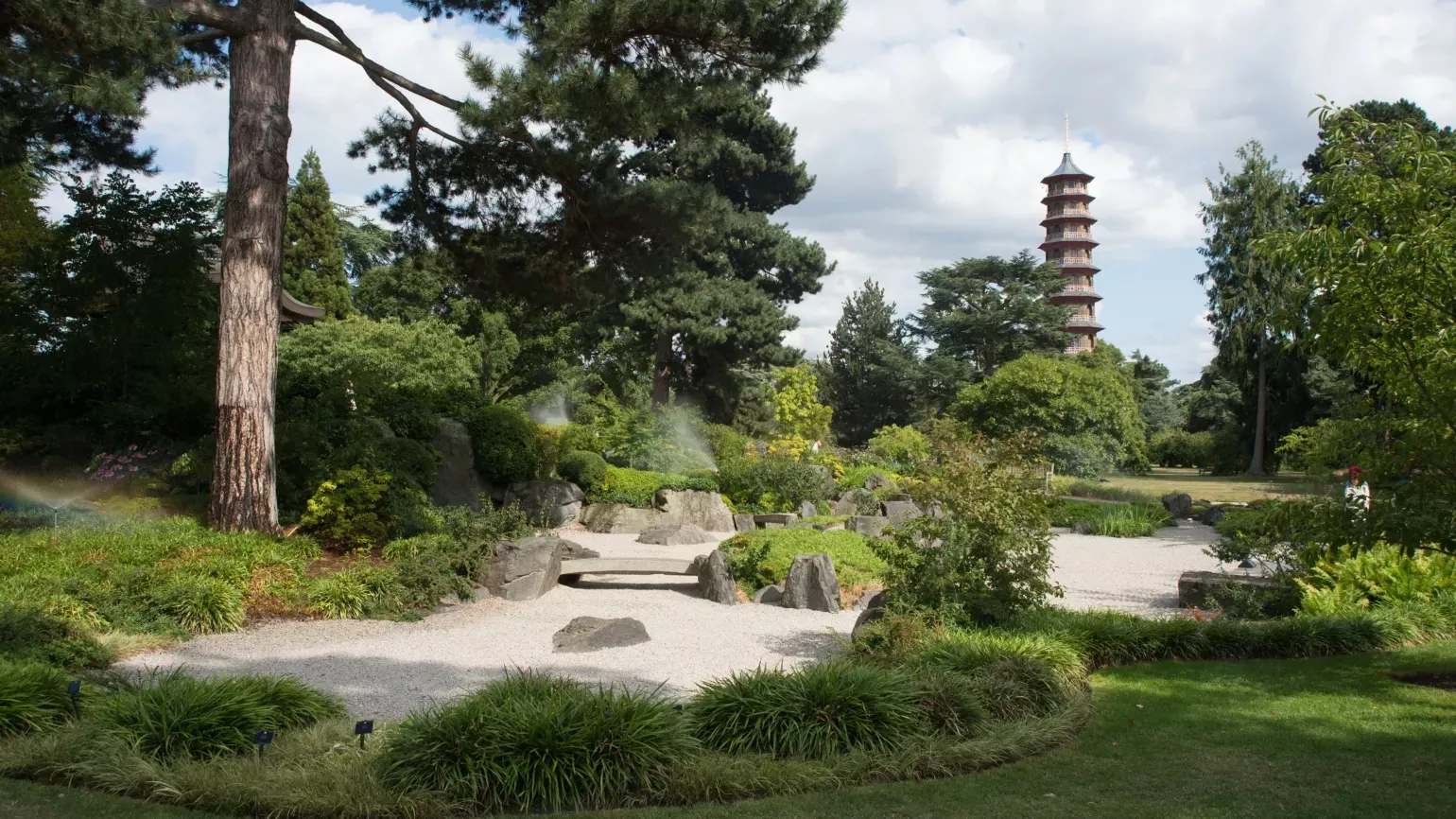 A view of the Great Pagoda from the Japanese landscape at Kew 