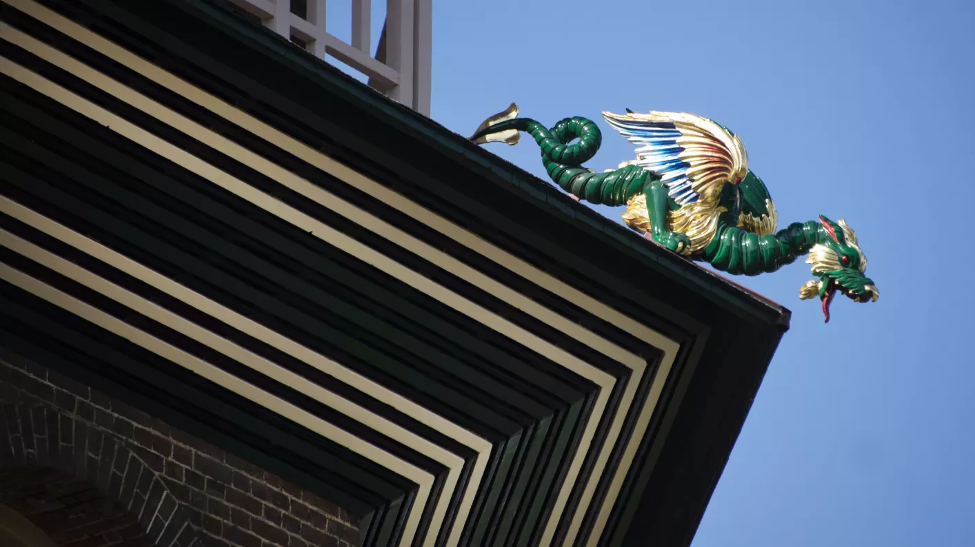 A close up of one of the dragons on the restored Pagoda