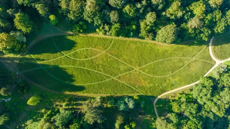 An aerial shot of a large open field surrounded by woodland, with patterns mowed into it