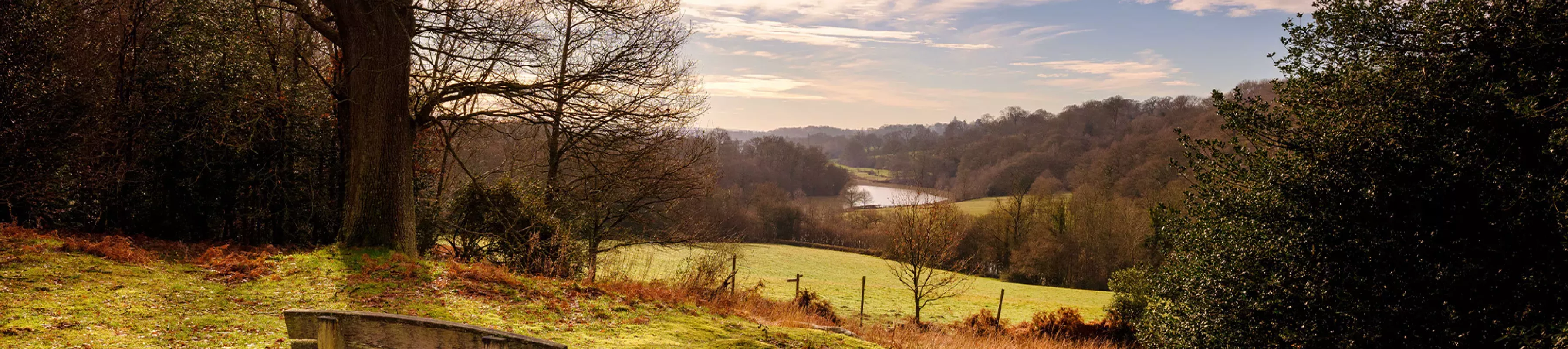 A bench overlooks an expansive valley, with a river running through and hills covered in trees.