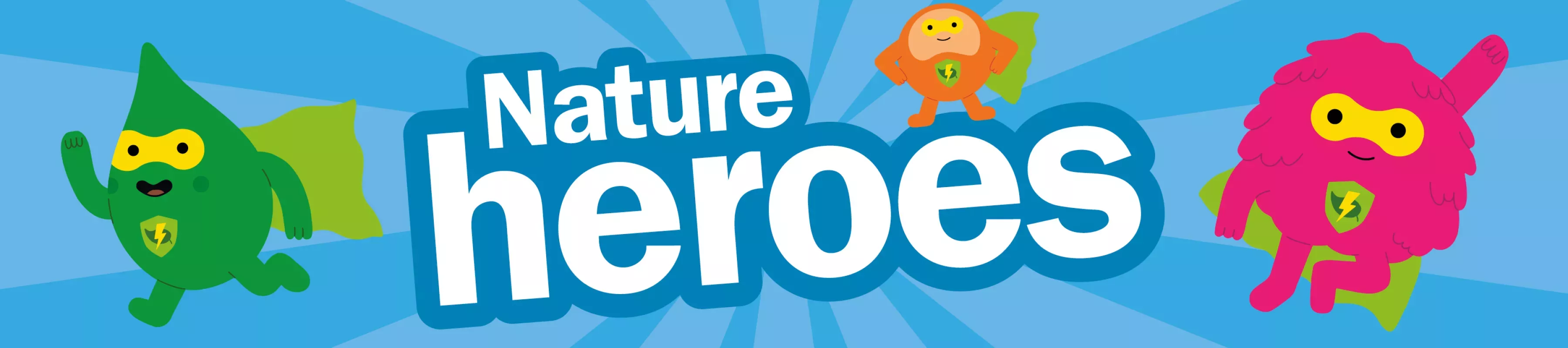 An illustrated banner with the words Nature Heroes and colourful super hero characters