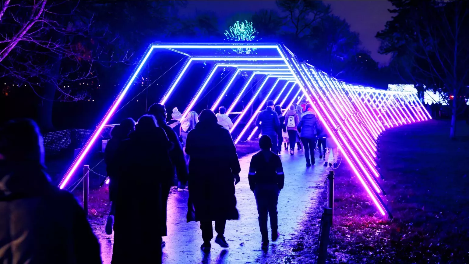 People walking though a large walkway light installation