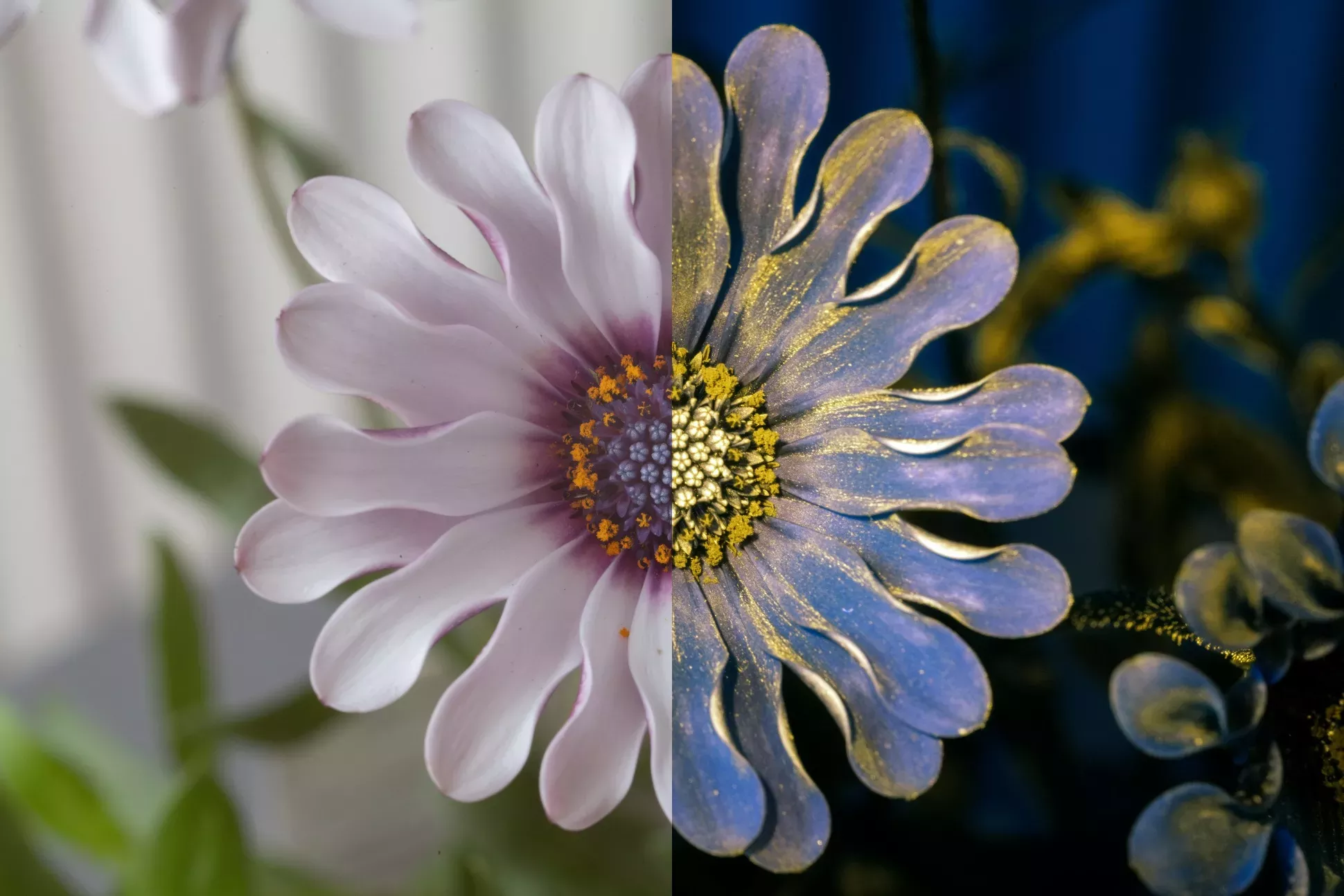 A flower split down the middle with the right half being more purple and blue