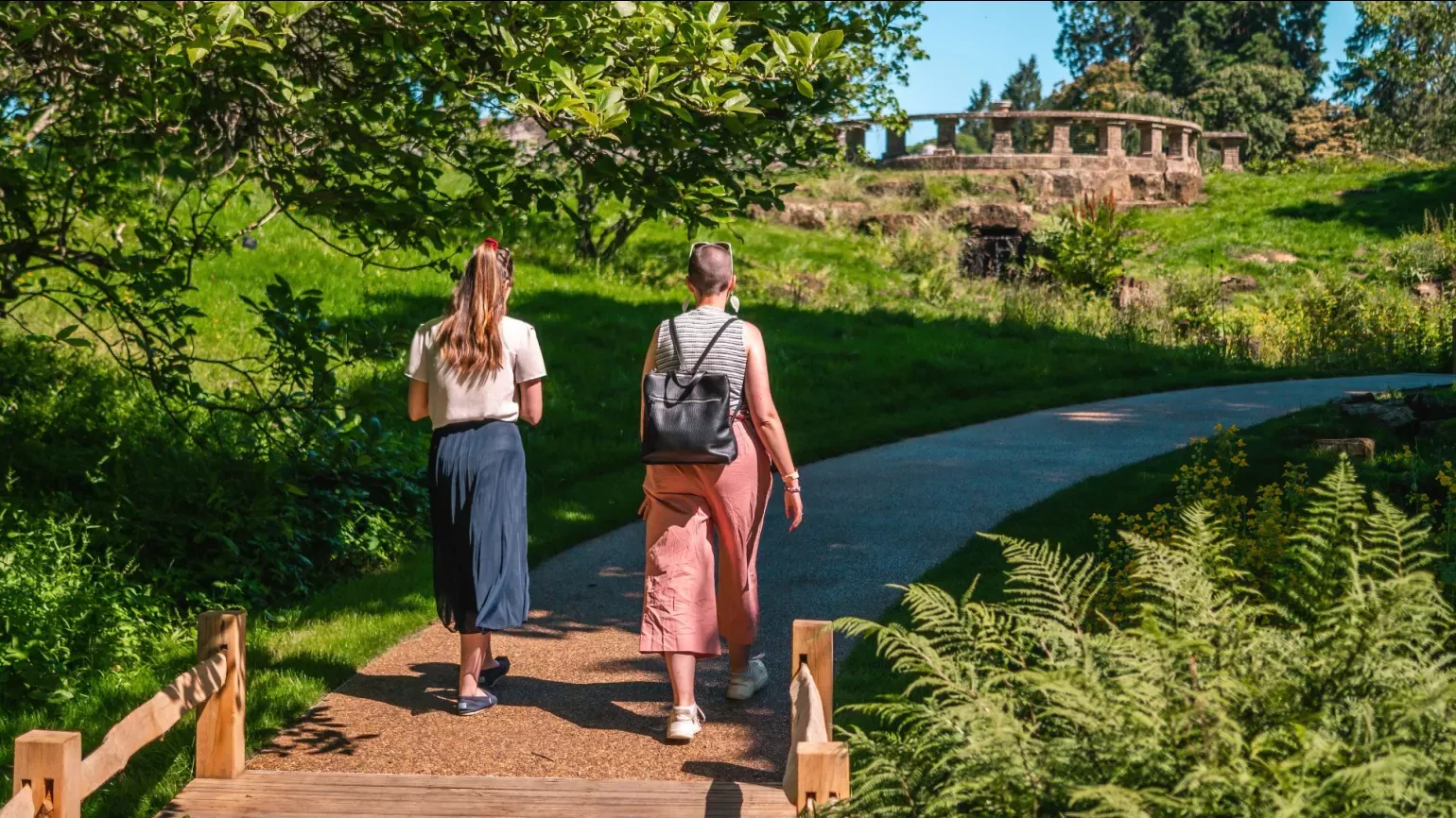 A pair of people walk along a path surrounded by trees