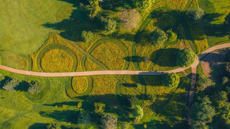 Aerial photo of spiralling grasses in American Prairie at Wakehurst