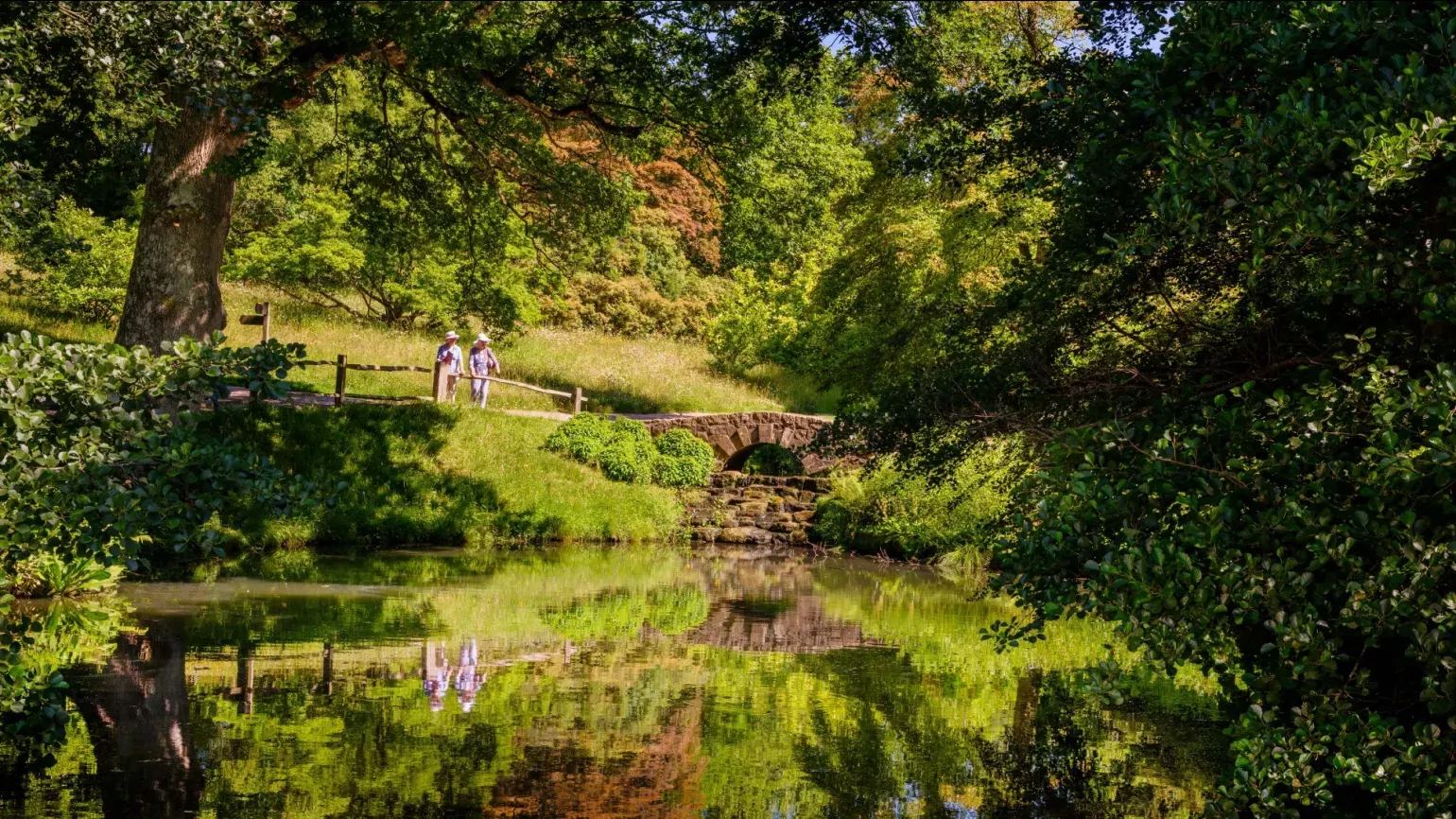 A pair of people look at the Black Pond next to a bridge