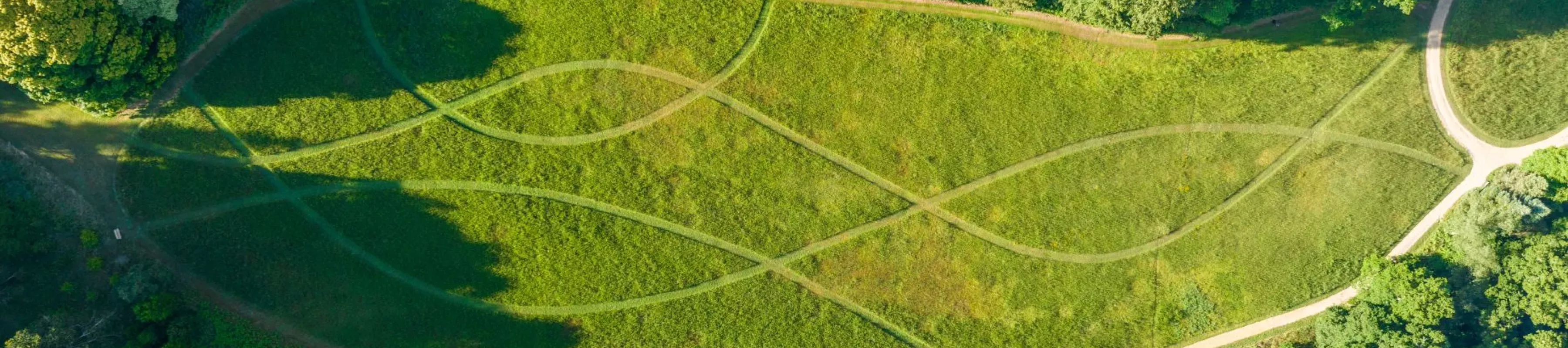 An aerial shot of a large open field surrounded by woodland, with patterns mowed into it