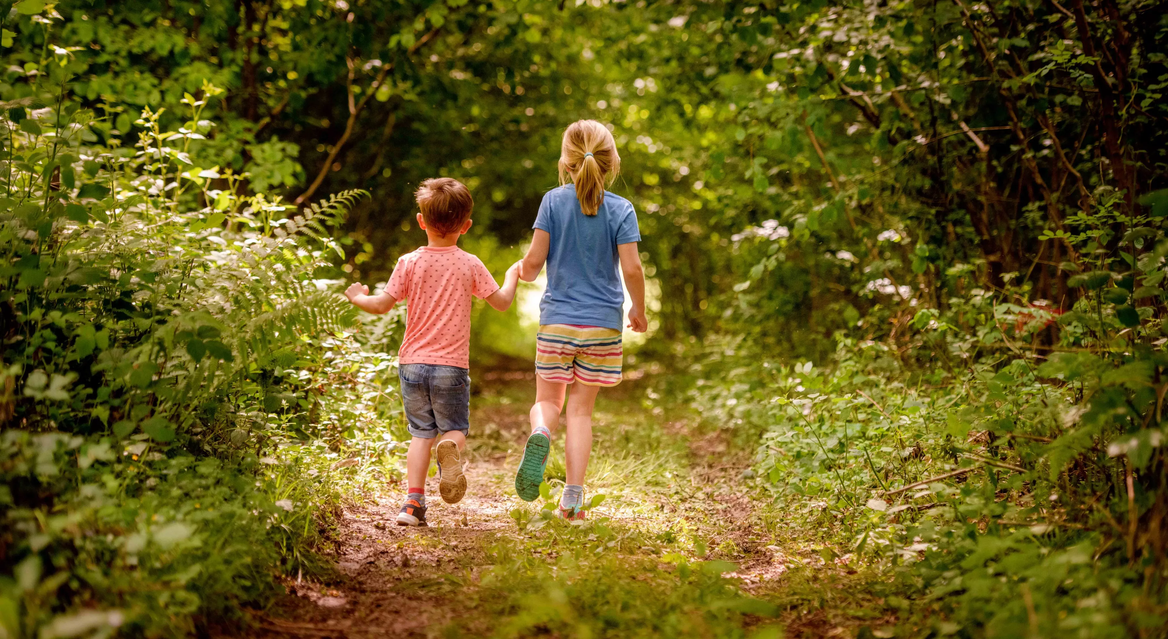 Children running through a woodland